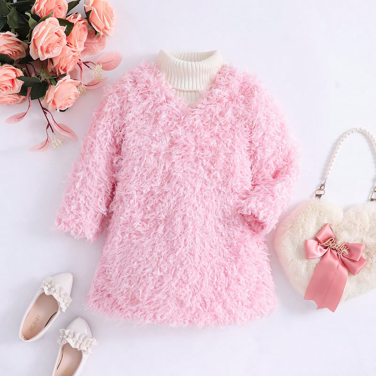 Jeune Fille Robe Unicolore Duveteux Sans Pull