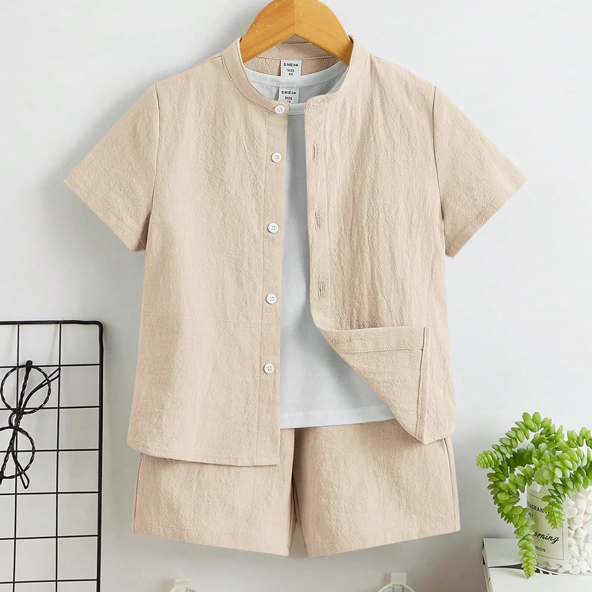 Chemise À Manches Courtes Pour Jeune Garçon Avec Col Droit Et Short, Tenue Décontractée Et Confortable
