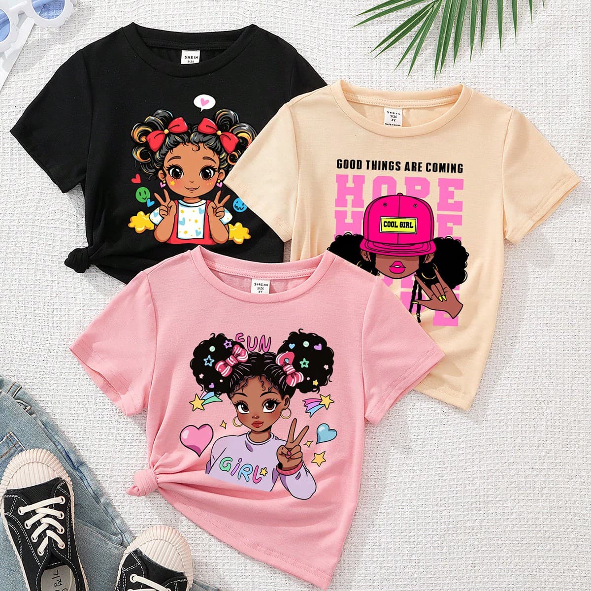 Ensemble de 3 pièces T-shirts imprimés en couleur pour les filles noires de jeunes filles, mignonnes et cool, tenues décontractées d'été