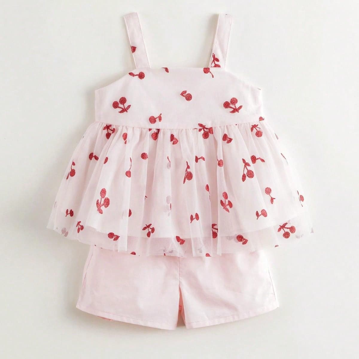 Ensemble de 2 pièces pour jeune fille avec haut de réservoir et short à mailles décoré de cerises mignonnes et amusantes pour l'été