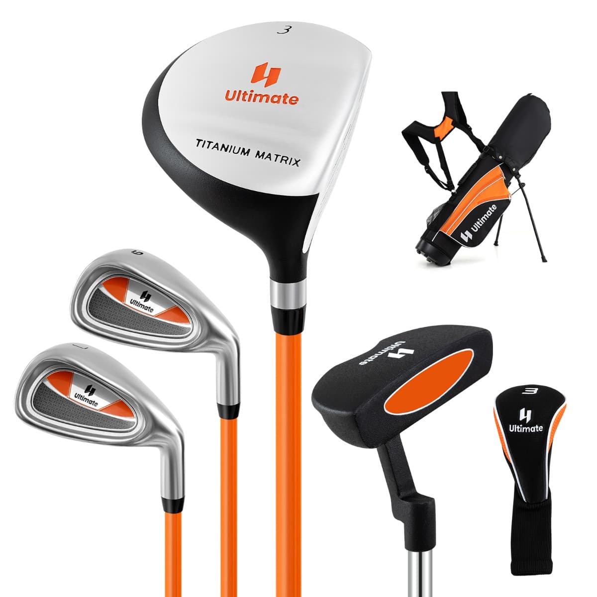 CostwayEnsemble de Golf Complet avec 205CC #3 Fairway #7 & #9 Fers Putter Couvre-tête et Sac de Support & Protecteur de Pluie pour 11-13 Ans Orange